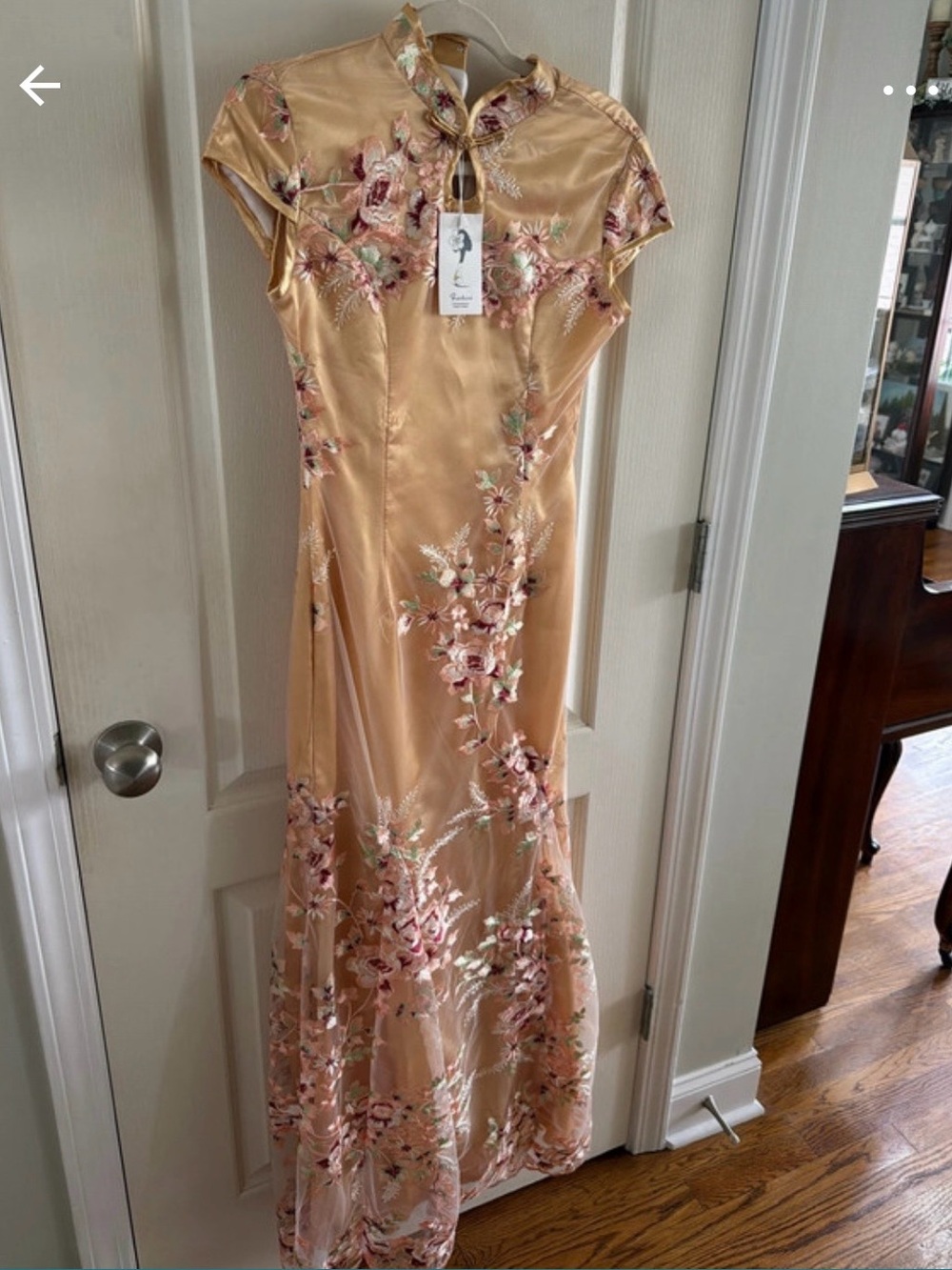 Embroidered One of a Kind Asian Satin Maxi Dress in Gold with Floral Detail